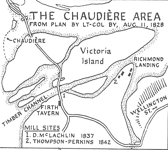 Chaudiere Falls area in 1828, map by Colonel By, Oyttawa, Canada