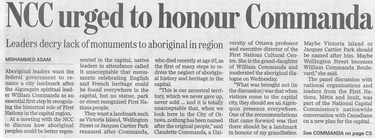 Proposal to Honour William Commanda, Algonquin Nation, 2011